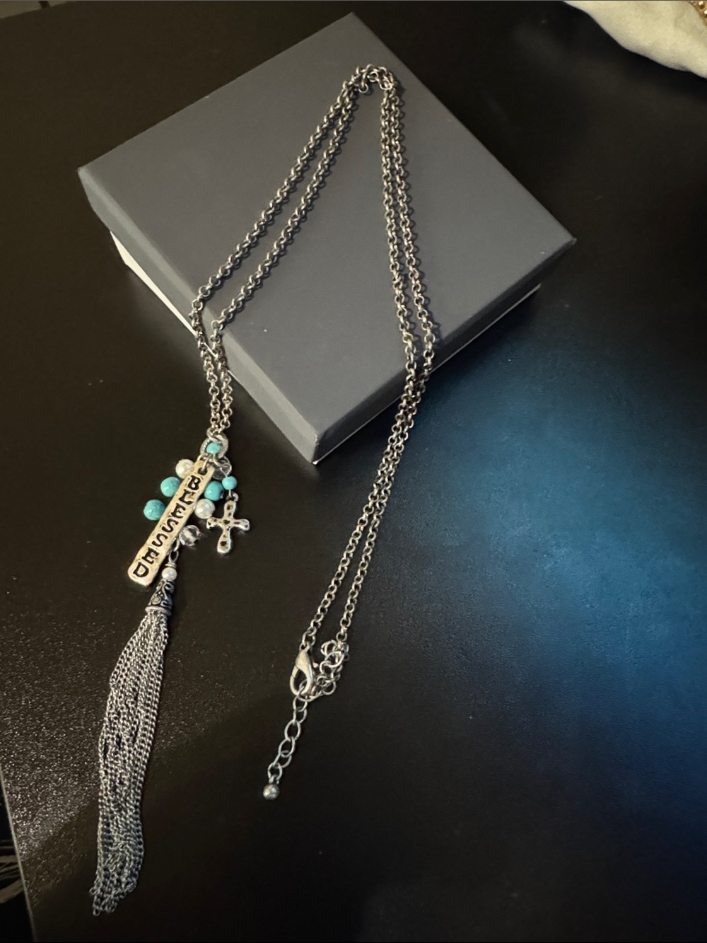 Silver-Tone 'Blessed' Pendant Necklace with Turquoise Beads and Tassel